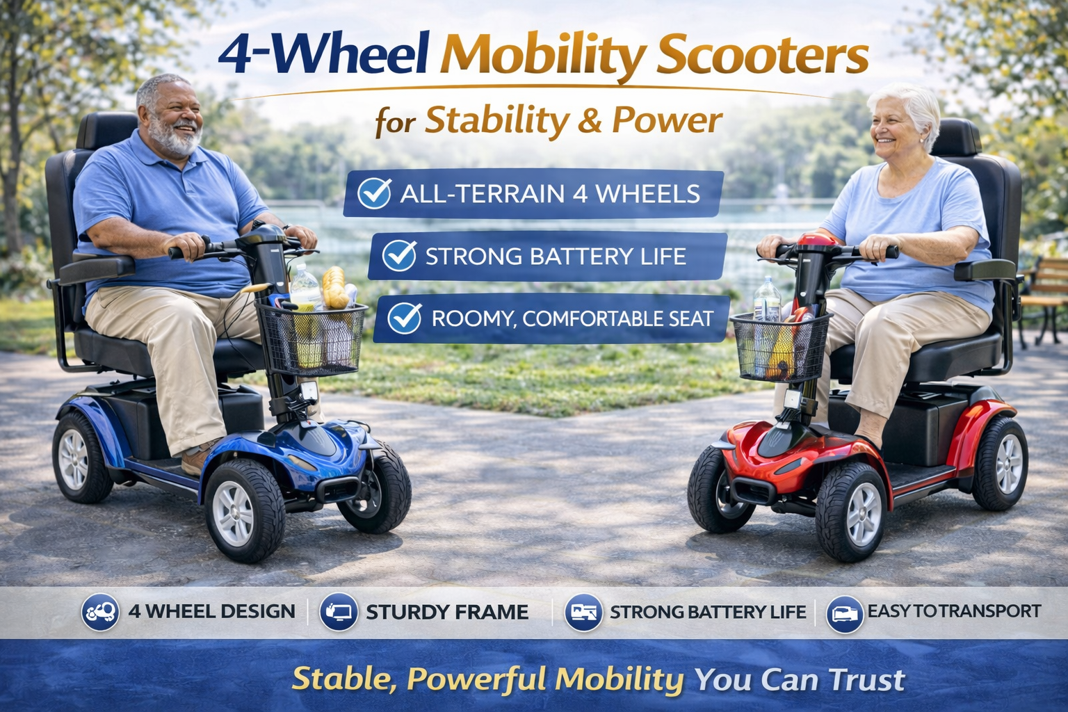 Two seniors on 4-Wheel Mobility Scooters for Stability & Power with wide bases for stable indoor/outdoor rides.