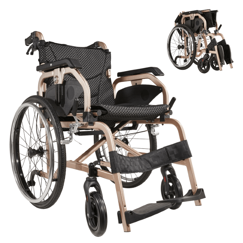 Aluminum Foldable Lightweight Adult Wheelchair, New Square Tube Design, 18" Seat with Front and Rear Locking Hand Brakes, 22" Rear Wheels, Color Champagne gold by C-Mobility