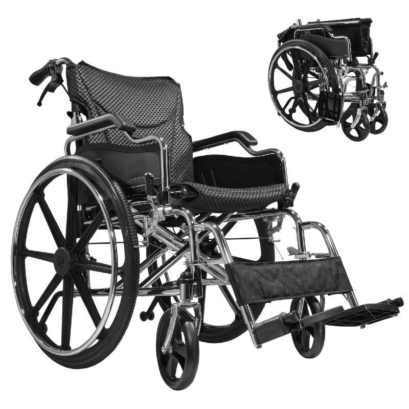 Folding Manual Transport Wheelchair, 18" Seat With Front and Rear Locking Hand Brakes, 24" Quick Release Rear Wheels,Bright Silver by C-Mobility