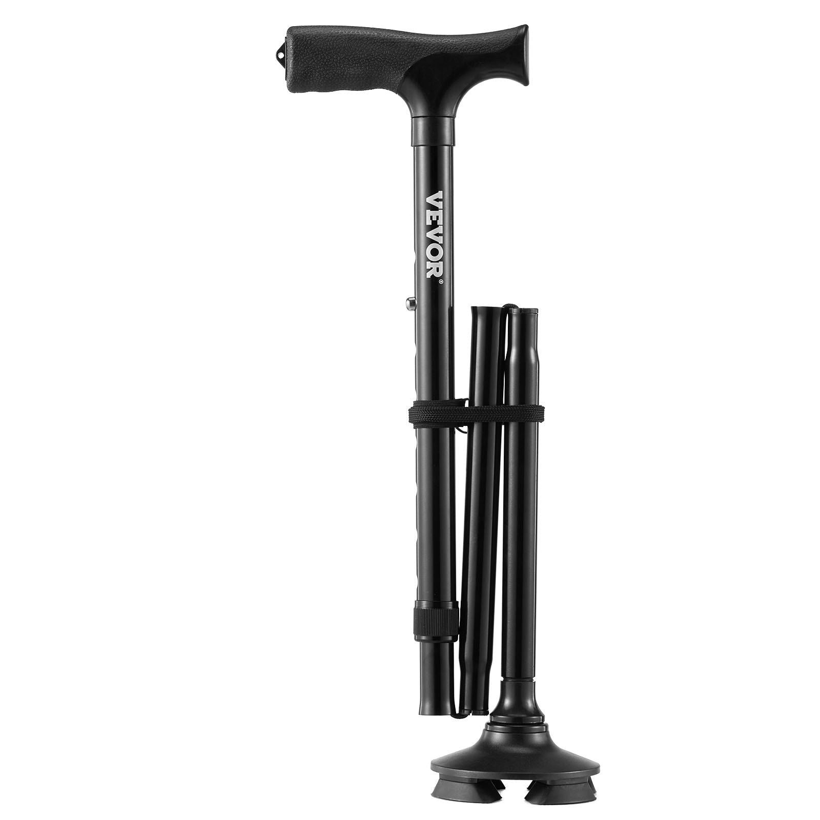 Portable Walking Stick for Seniors - Lightweight Aluminum Cane with 8 Adjustable Heights and 4-Pronged Base (Black) by C-Mobility